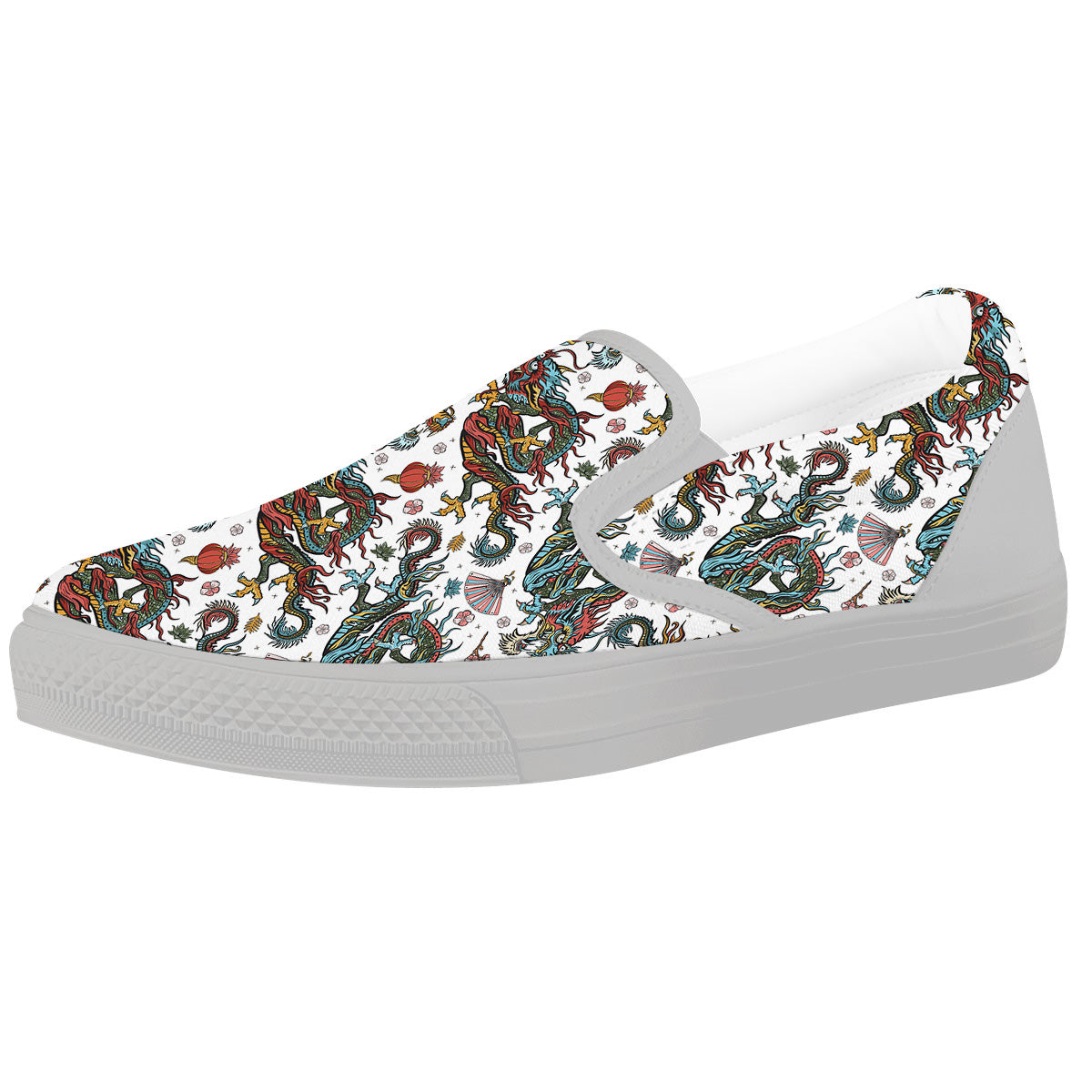 Flying Chinese Dragons Tattoo Print Pattern White Slip On Shoes-grizzshop