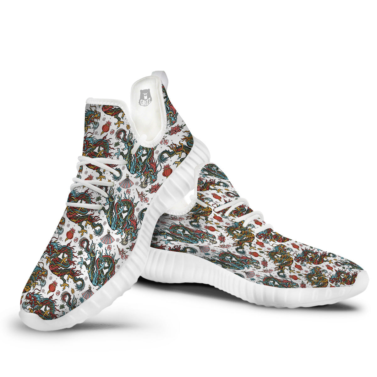 Flying Chinese Dragons Tattoo Print Pattern White Walking Shoes-grizzshop