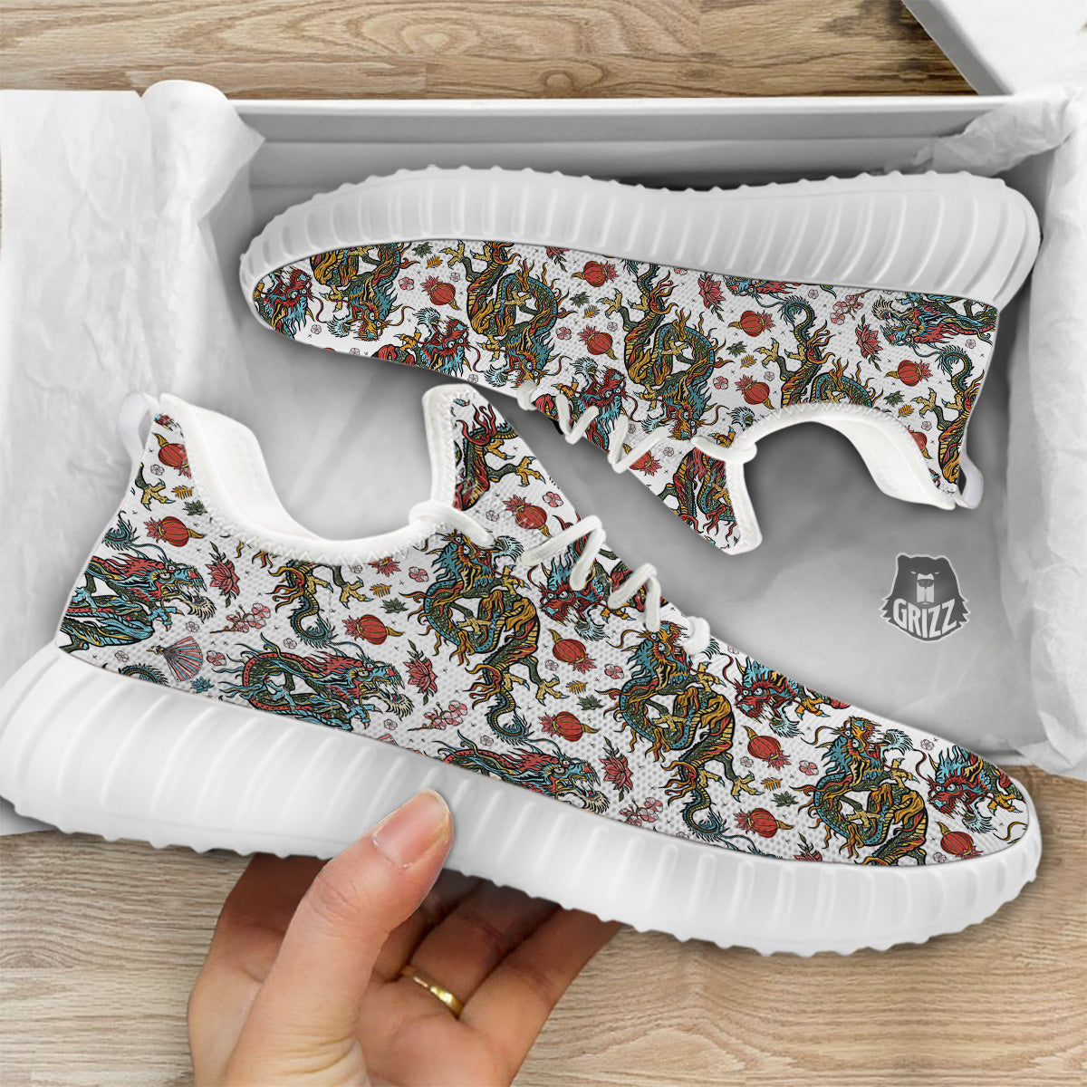 Flying Chinese Dragons Tattoo Print Pattern White Walking Shoes-grizzshop
