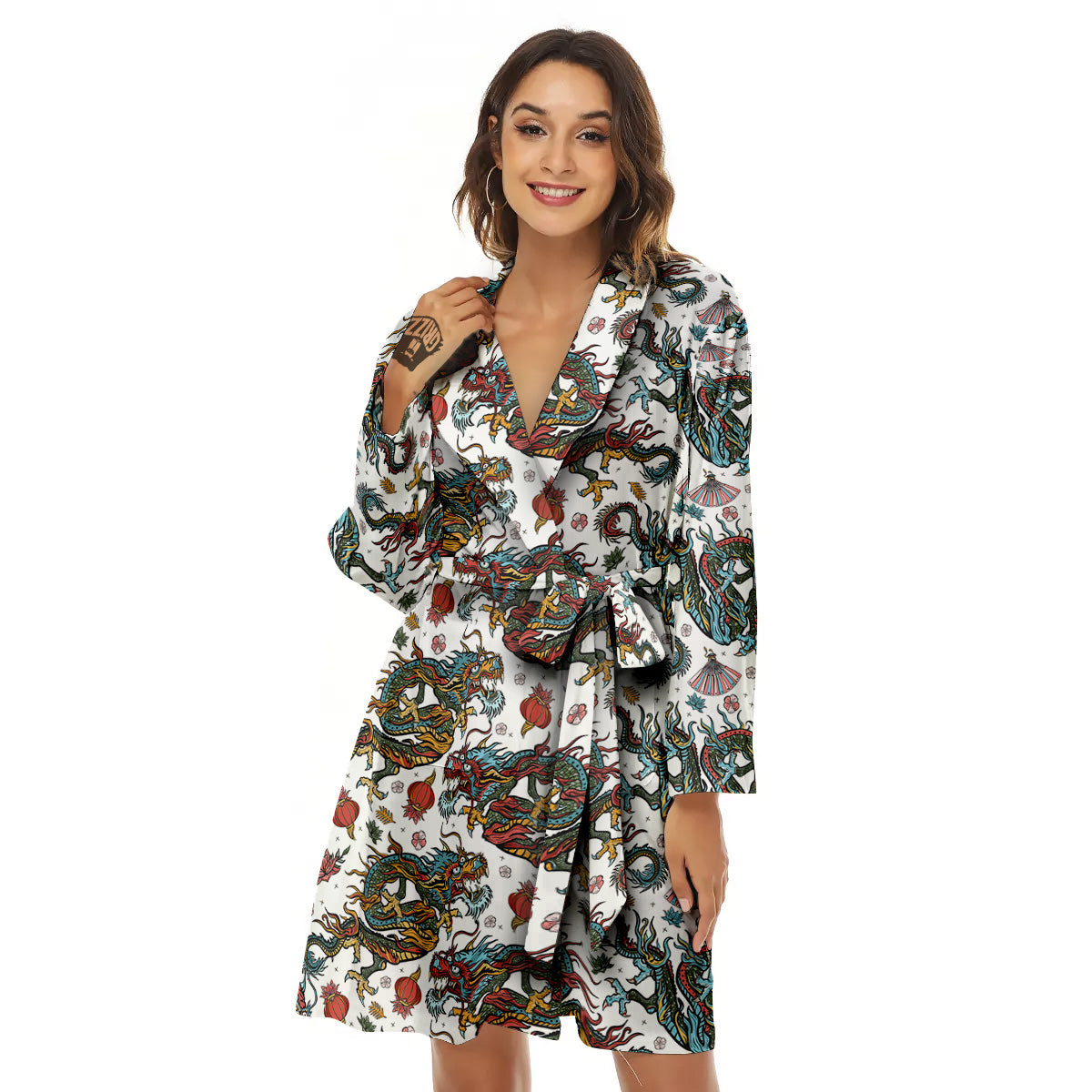 Flying Chinese Dragons Tattoo Print Pattern Women's Robe-grizzshop
