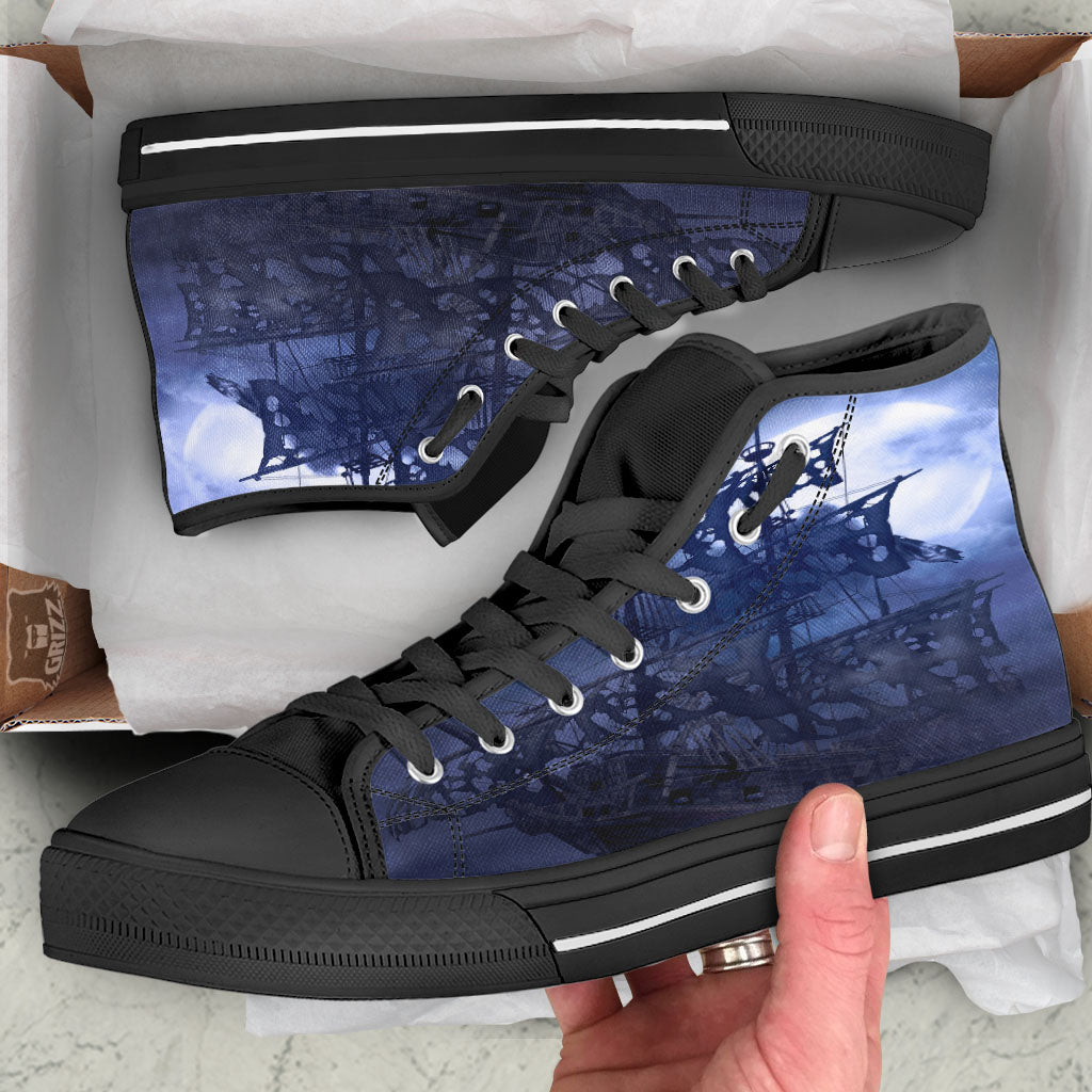 Flying Dutchman Ghost Pirate Ship Print Black High Top Shoes-grizzshop