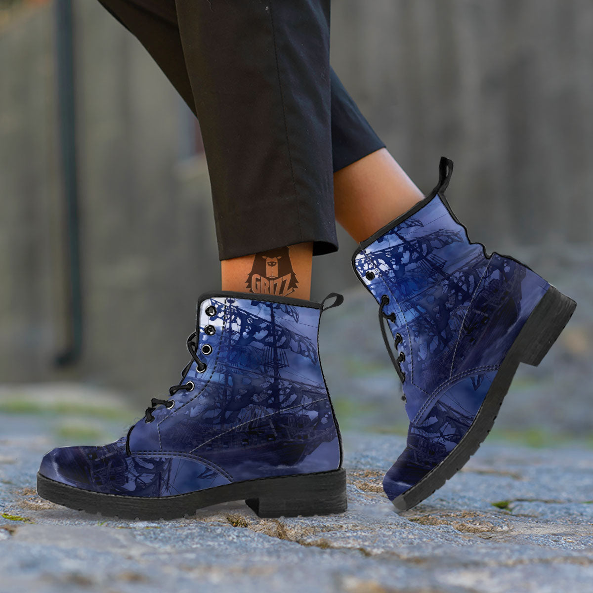Flying Dutchman Ghost Pirate Ship Print Leather Boots-grizzshop