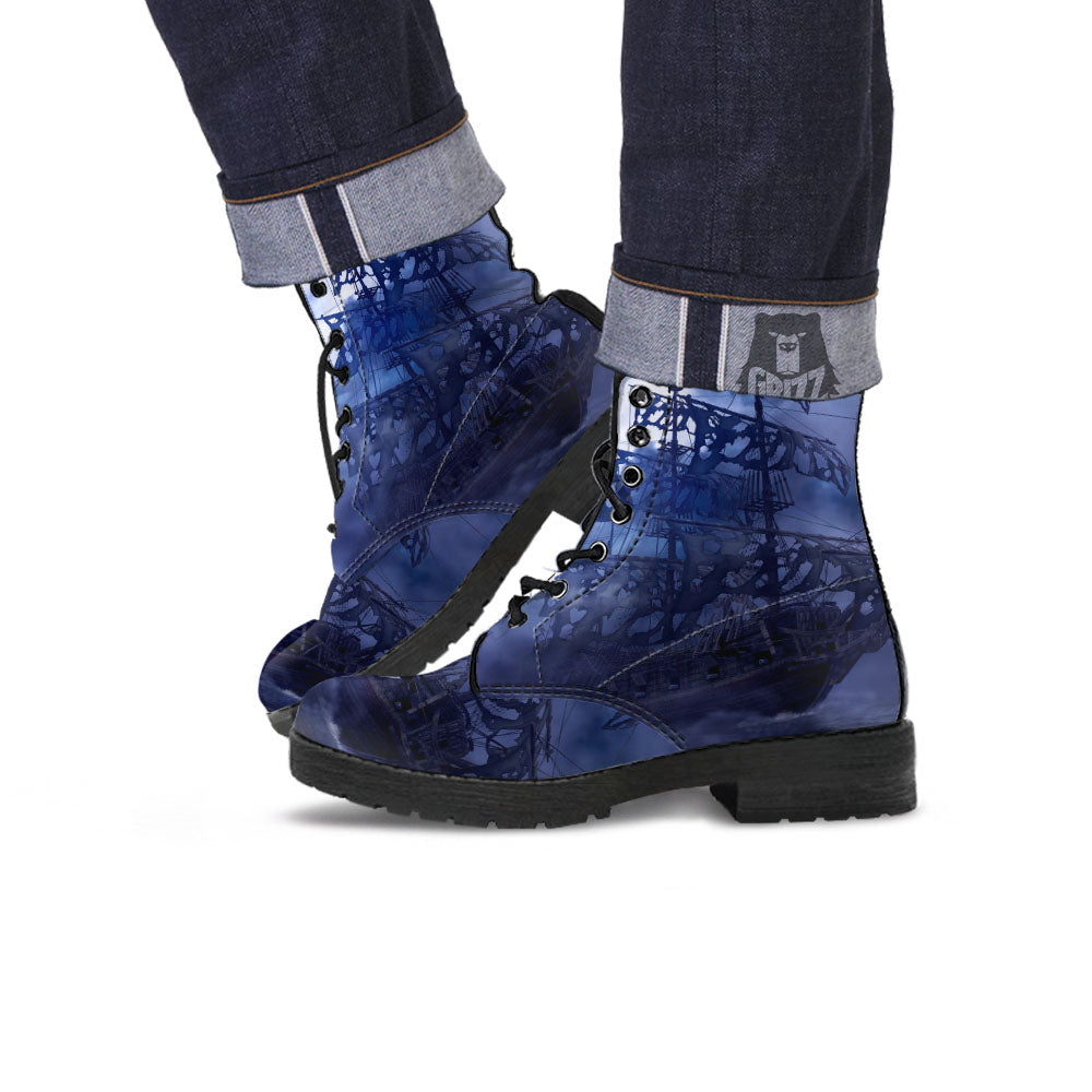 Flying Dutchman Ghost Pirate Ship Print Leather Boots-grizzshop