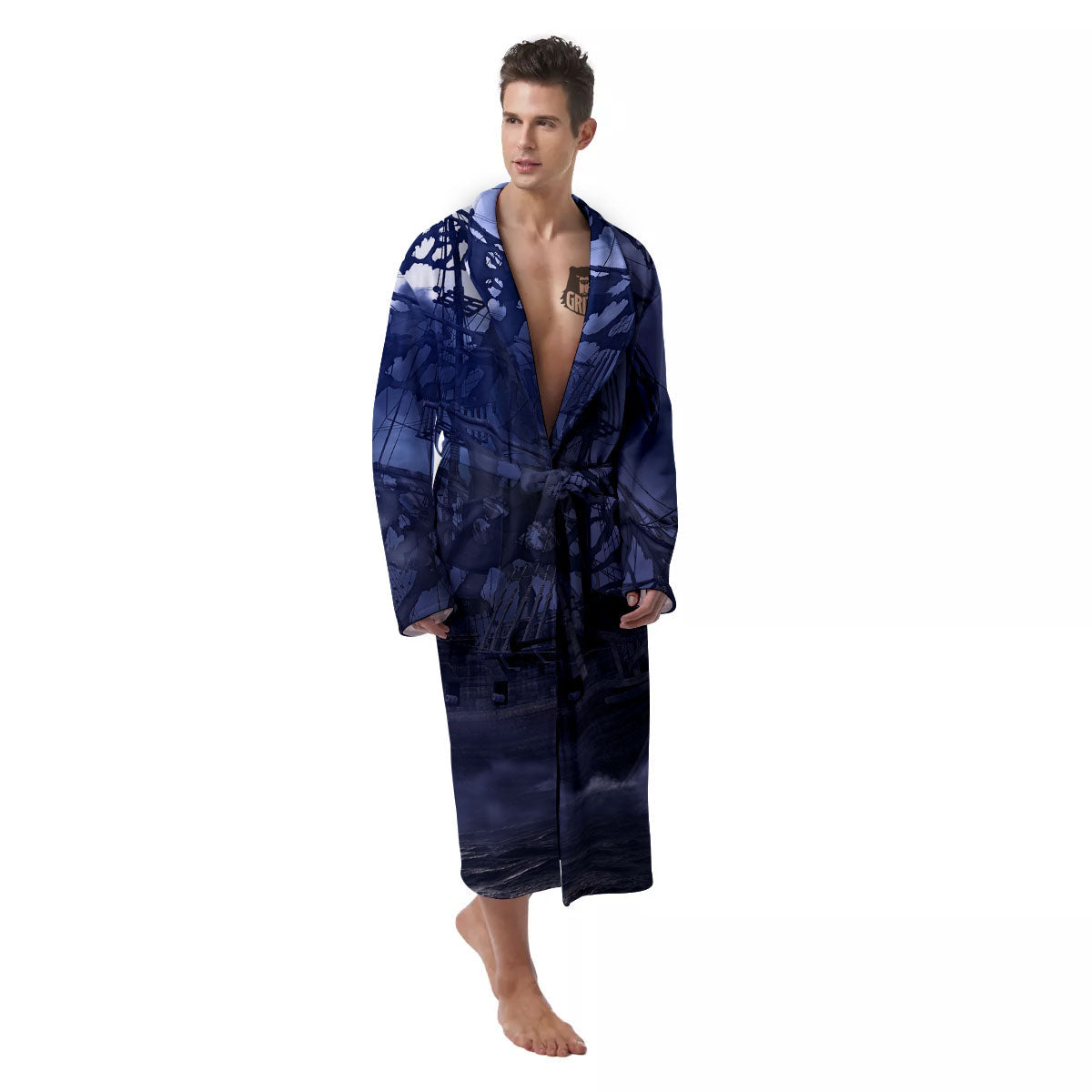Flying Dutchman Ghost Pirate Ship Print Men's Robe-grizzshop