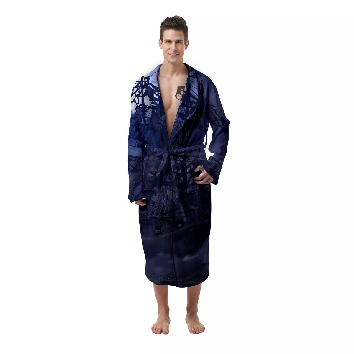 Flying Dutchman Ghost Pirate Ship Print Men's Robe-grizzshop