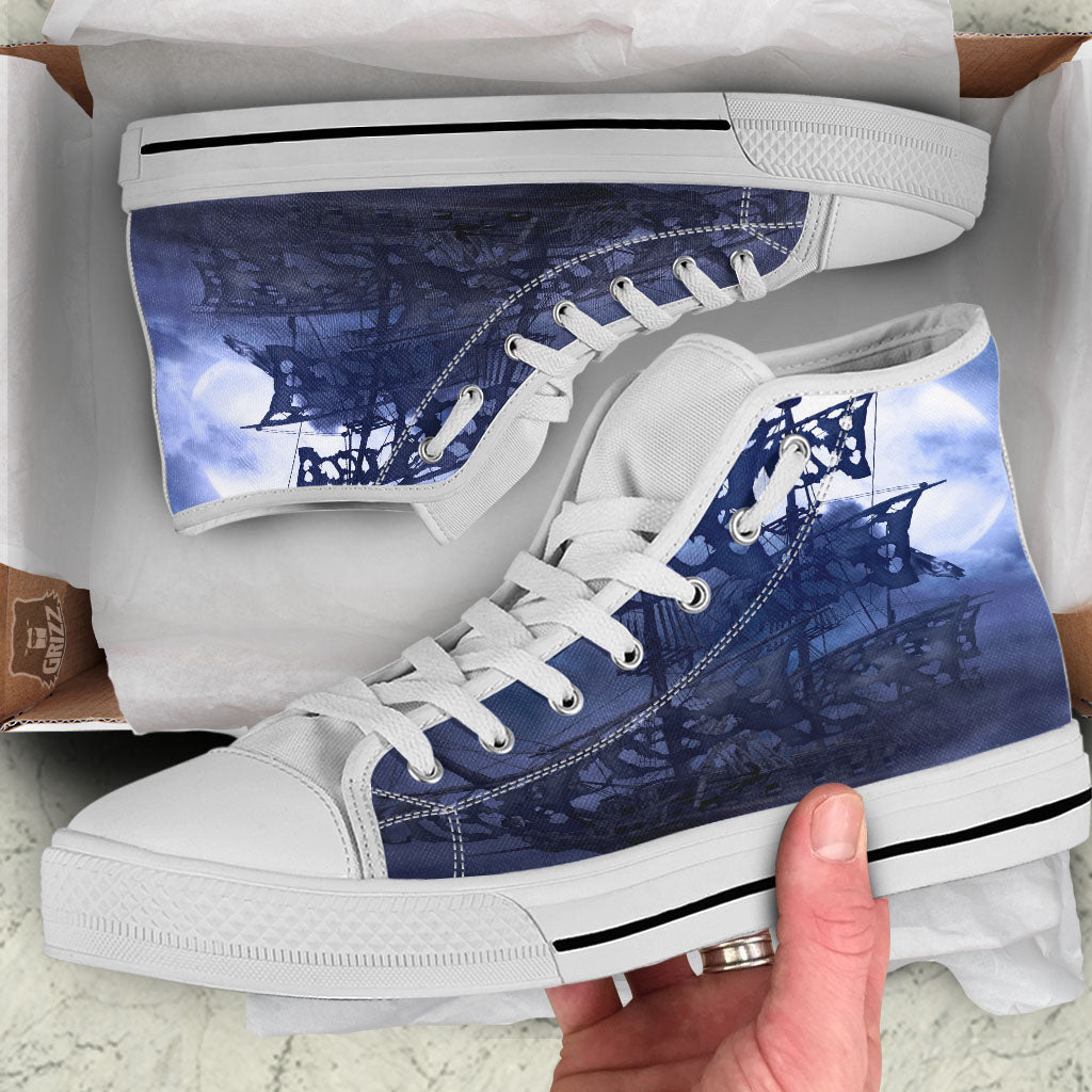 Flying Dutchman Ghost Pirate Ship Print White High Top Shoes-grizzshop