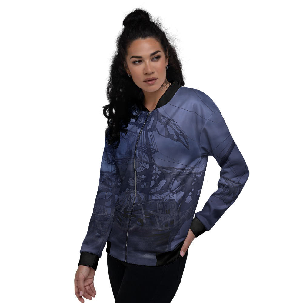 Flying Dutchman Ghost Pirate Ship Print Women's Bomber Jacket-grizzshop