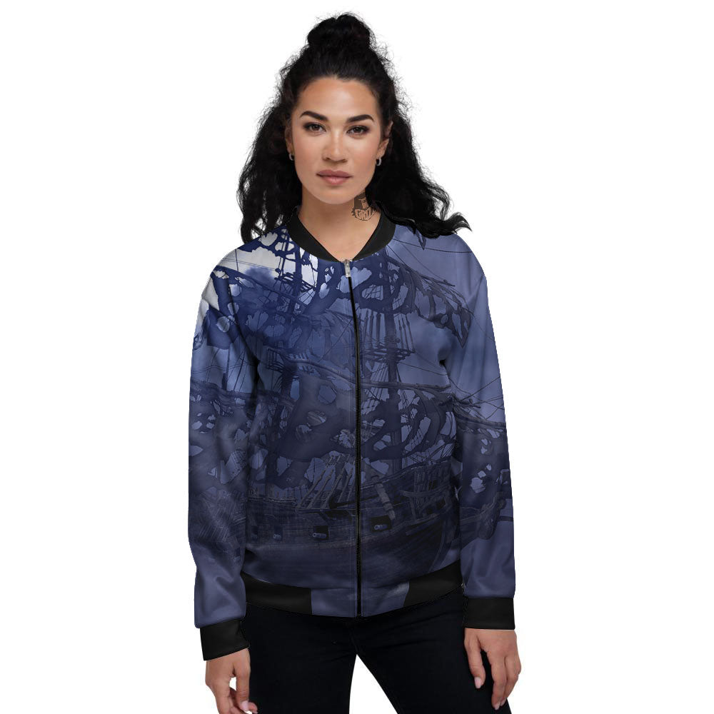Flying Dutchman Ghost Pirate Ship Print Women's Bomber Jacket-grizzshop