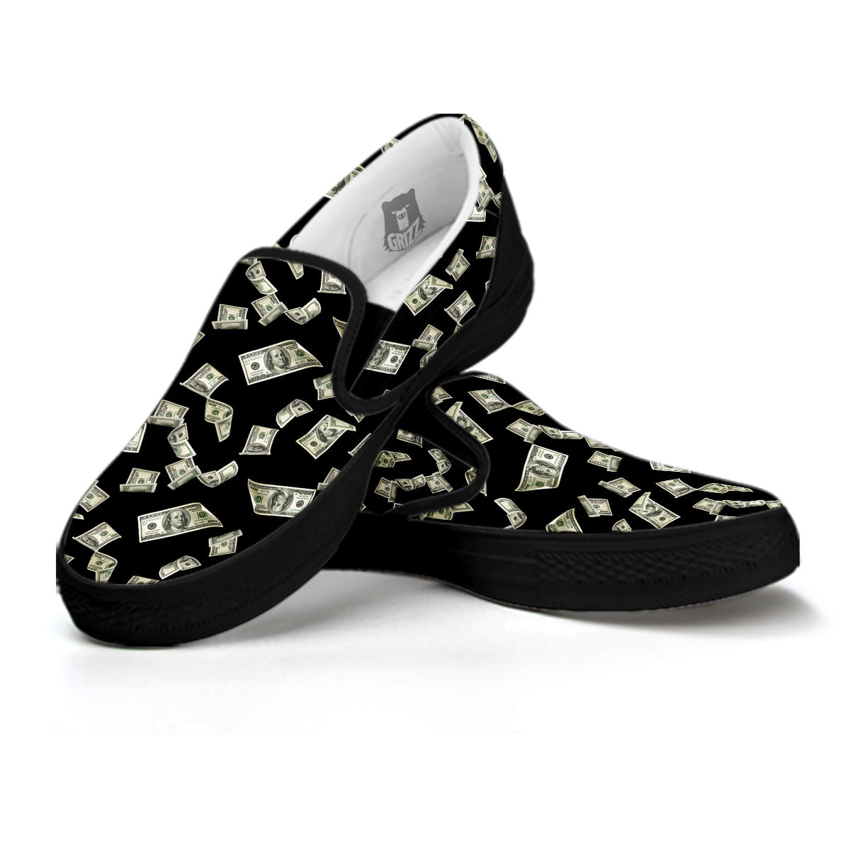 Flying US Dollar Money Print Black Slip On Shoes-grizzshop