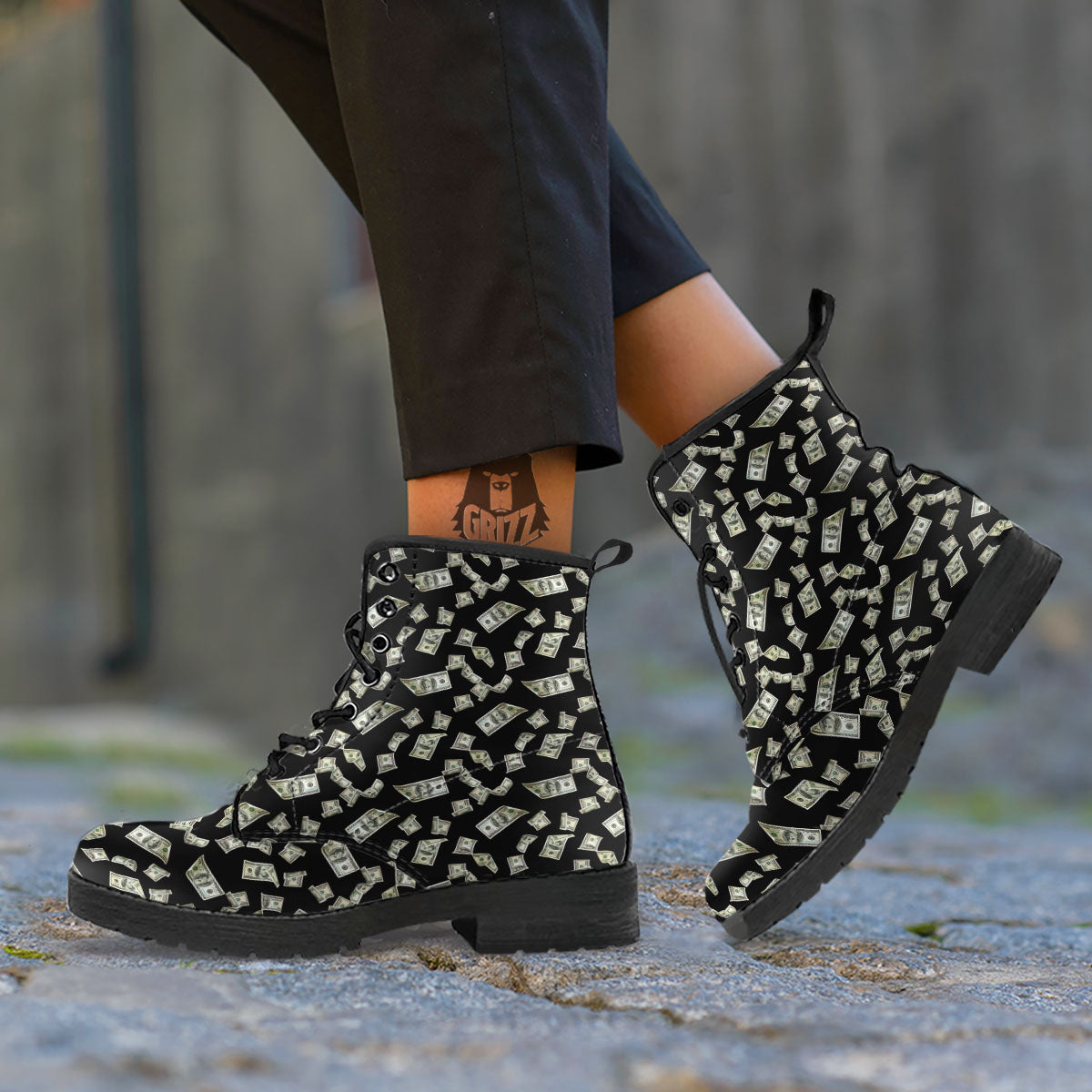 Flying US Dollar Money Print Leather Boots-grizzshop