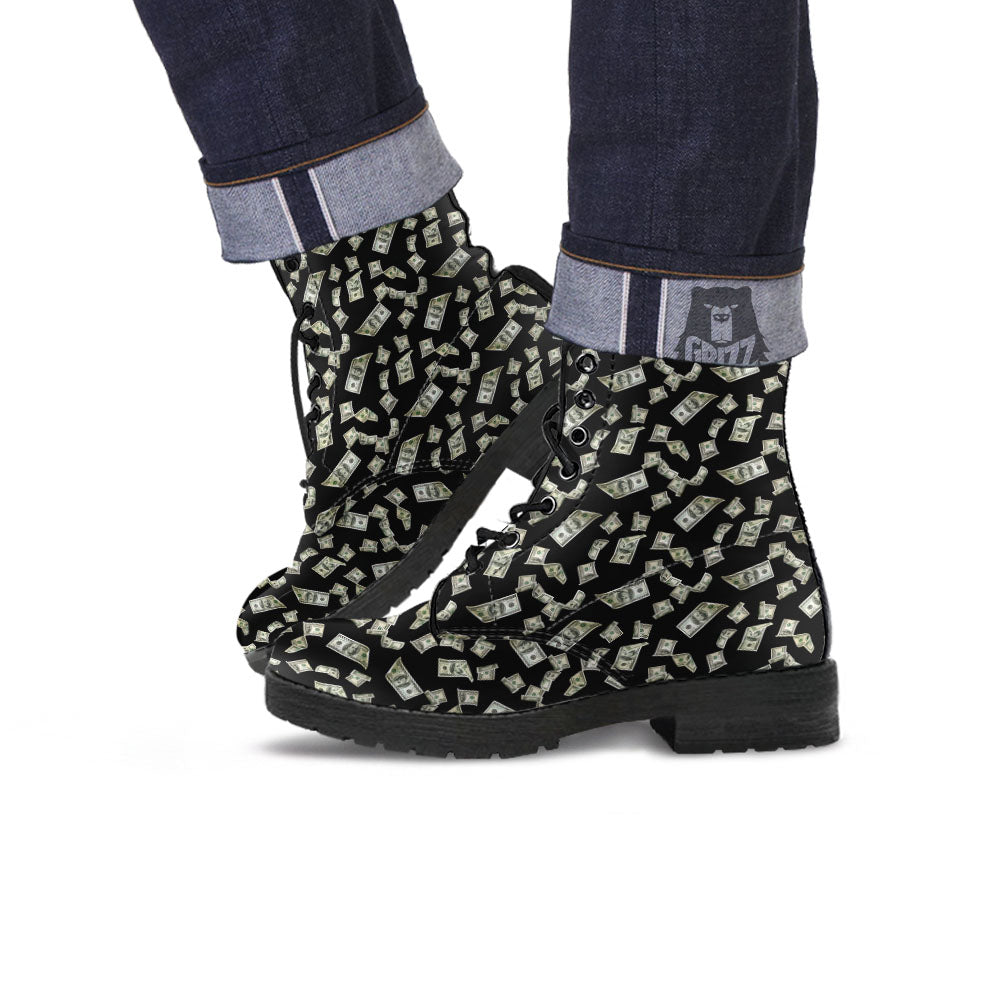 Flying US Dollar Money Print Leather Boots-grizzshop