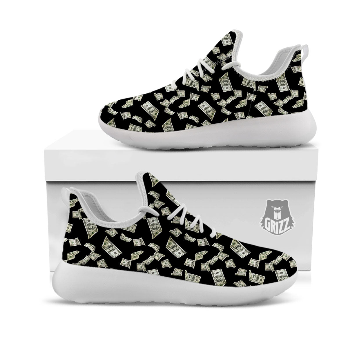 Flying US Dollar Money Print White Athletic Shoes-grizzshop