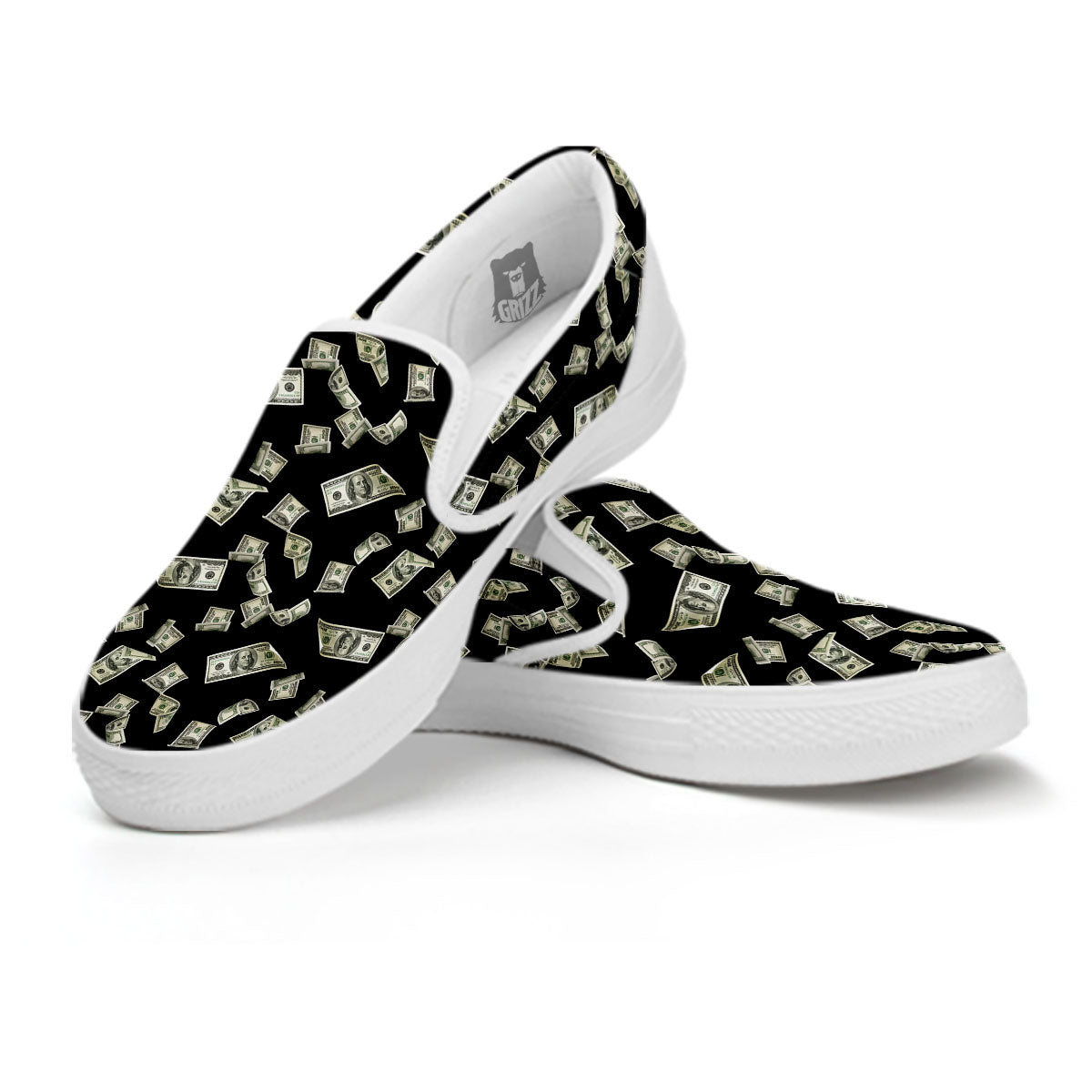 Flying US Dollar Money Print White Slip On Shoes-grizzshop