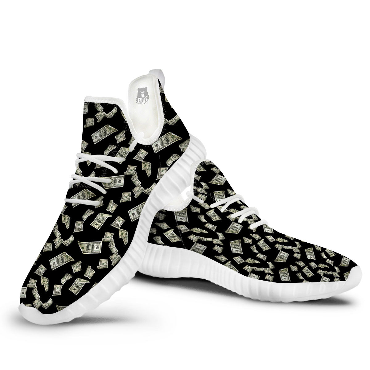 Flying US Dollar Money Print White Walking Shoes-grizzshop