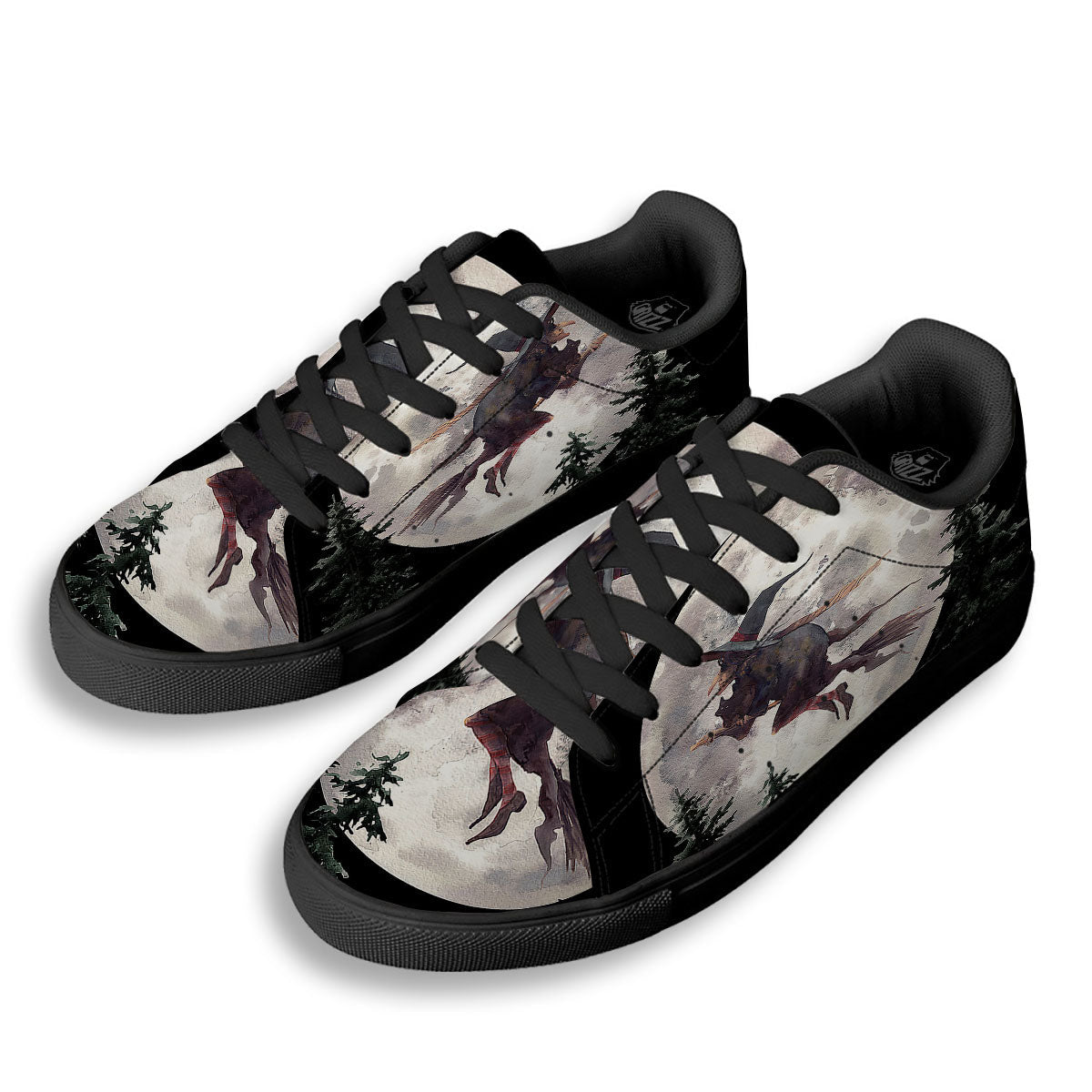 Flying Witch Halloween Full Moon Print Black Low Top Sneakers-grizzshop