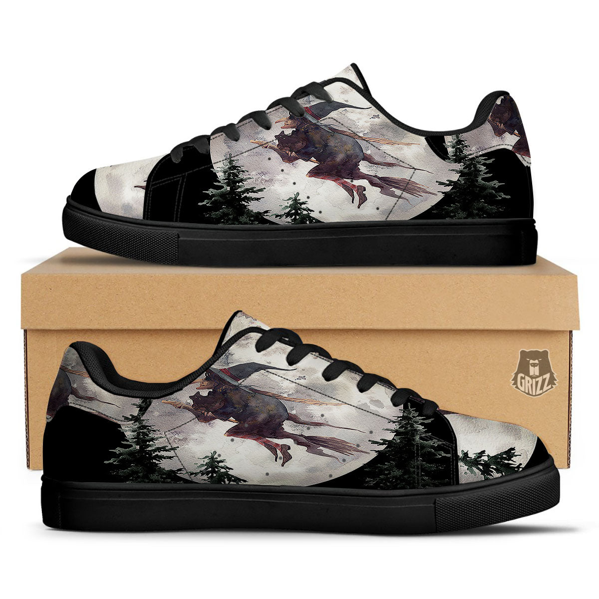 Flying Witch Halloween Full Moon Print Black Low Top Sneakers-grizzshop