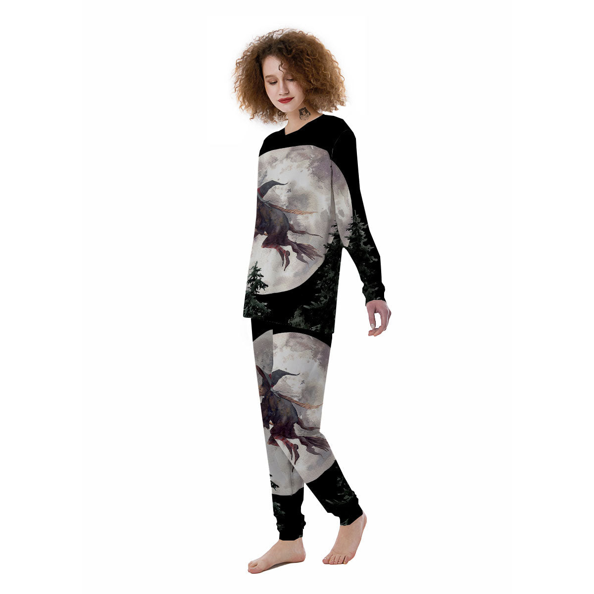 Flying Witch Halloween Full Moon Print Women's Pajamas-grizzshop