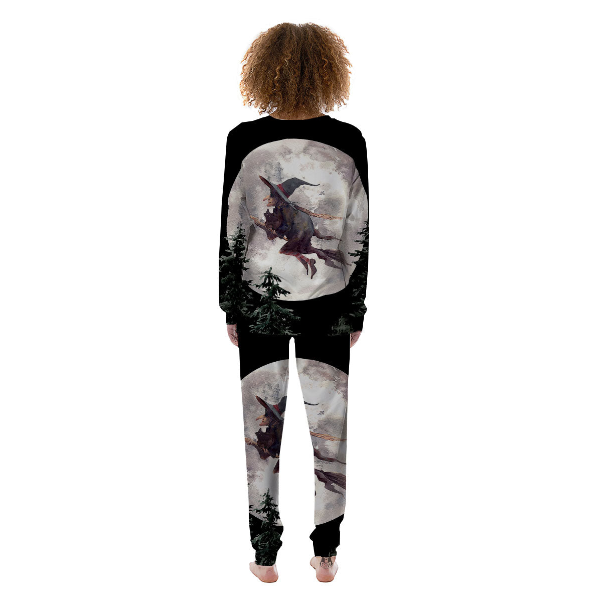 Flying Witch Halloween Full Moon Print Women's Pajamas-grizzshop