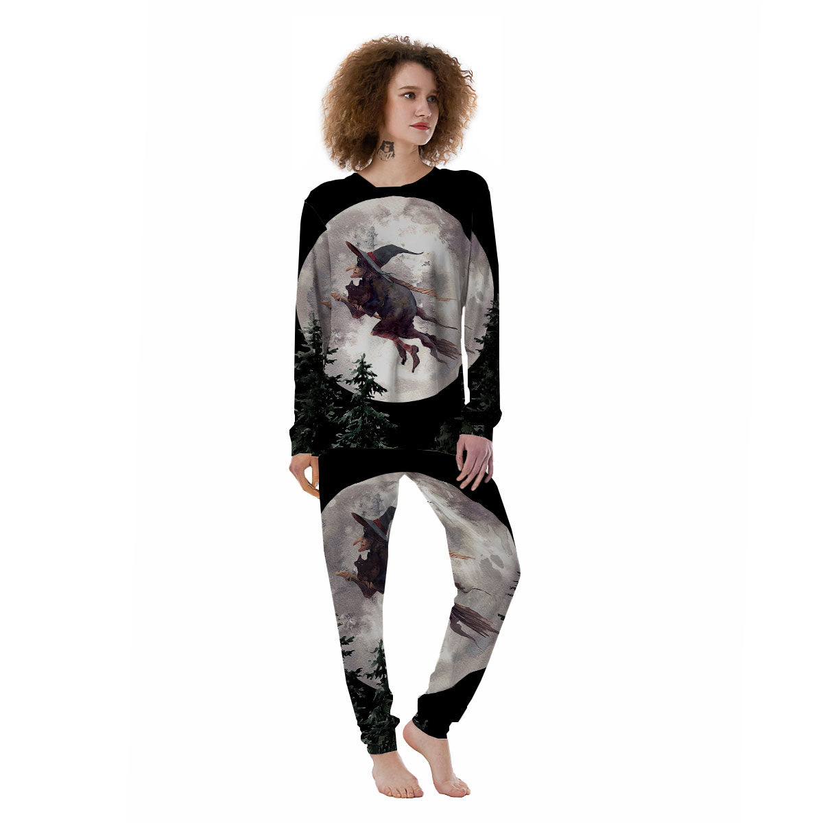 Flying Witch Halloween Full Moon Print Women's Pajamas-grizzshop