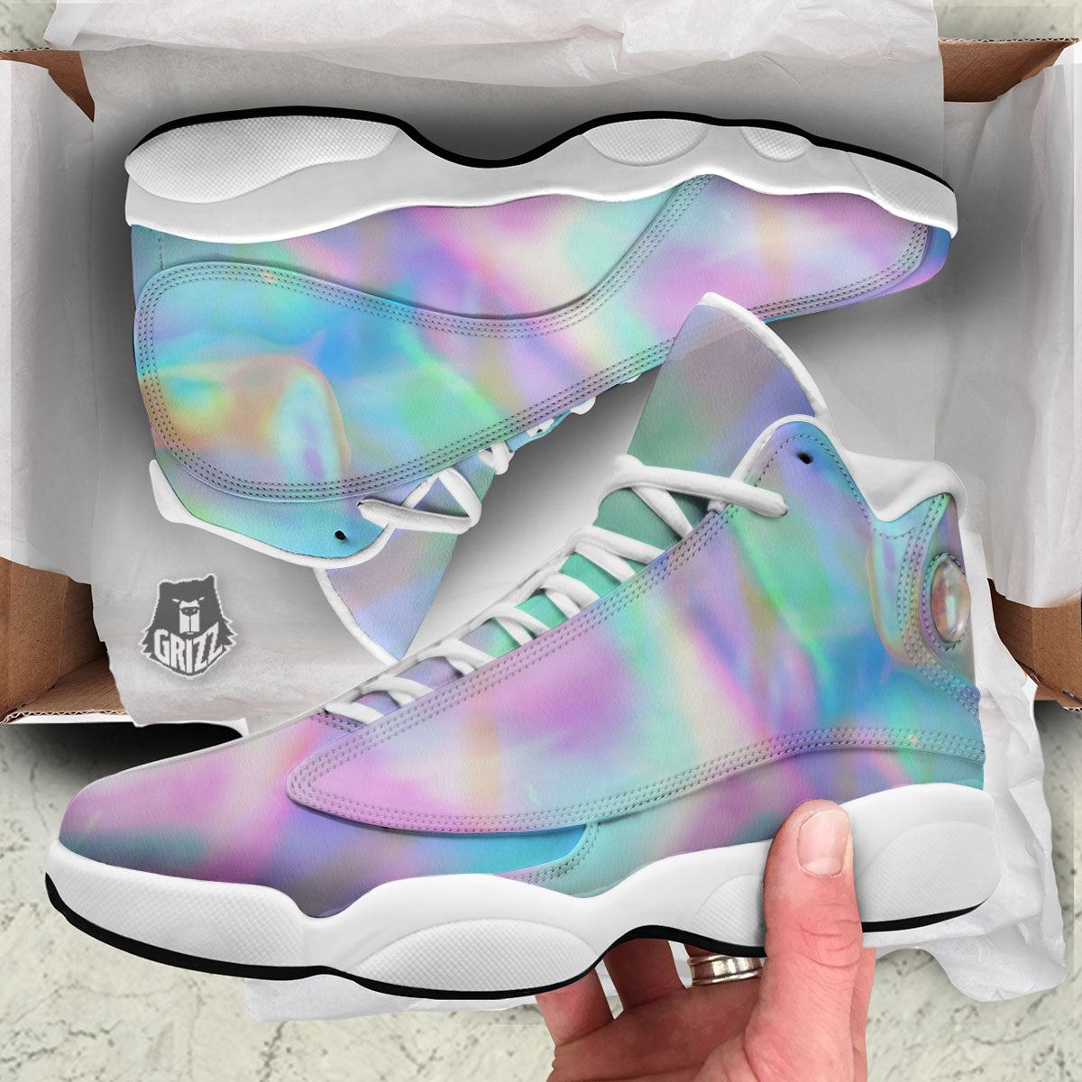 Foil Holographic Print White Basketball Shoes-grizzshop