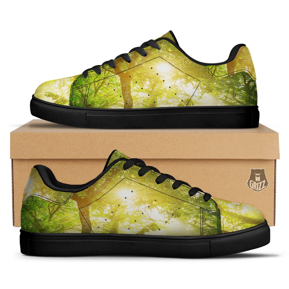 Forest Sunrise Print Black Low Top Sneakers-grizzshop