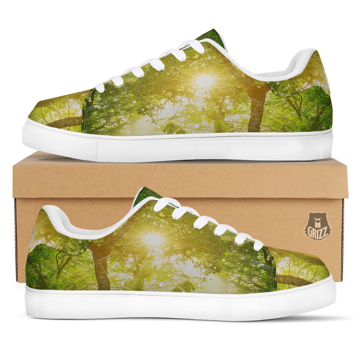 Forest Sunrise Print White Low Top Sneakers-grizzshop