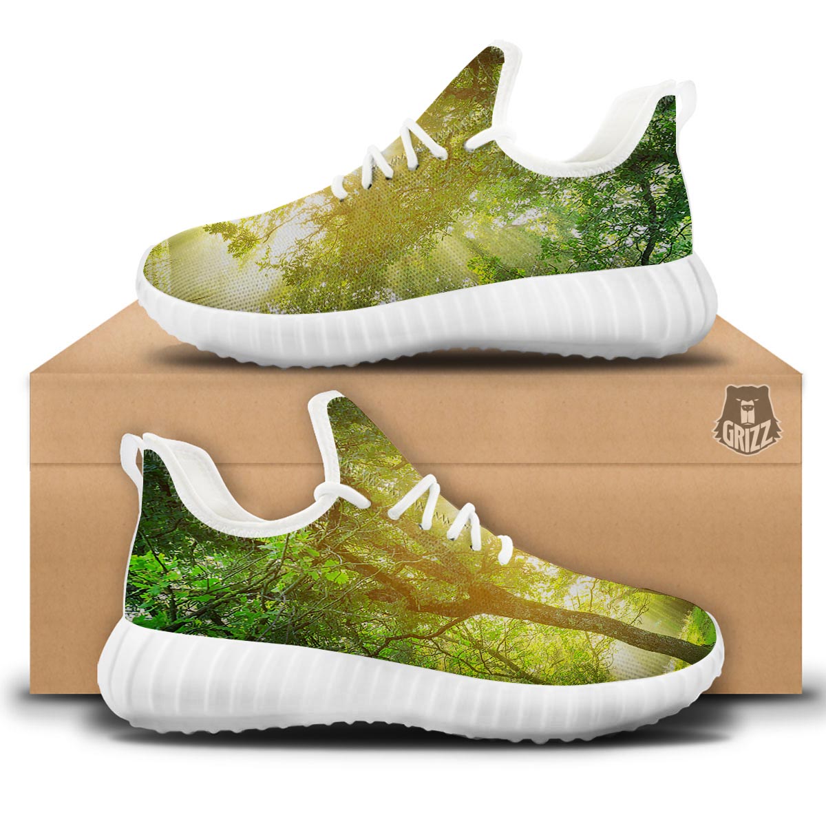 Forest Sunrise Print White Walking Shoes-grizzshop