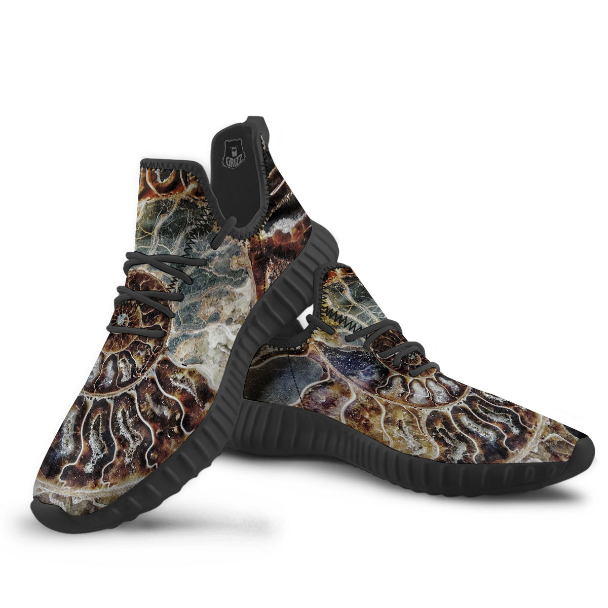 Fossil Ammonite Print Black Walking Shoes-grizzshop