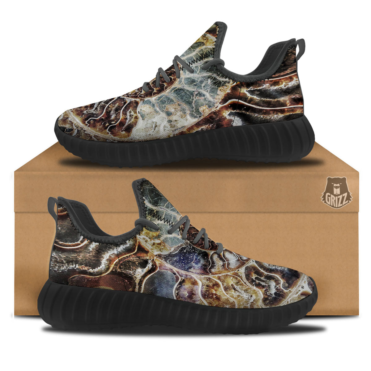 Fossil Ammonite Print Black Walking Shoes-grizzshop