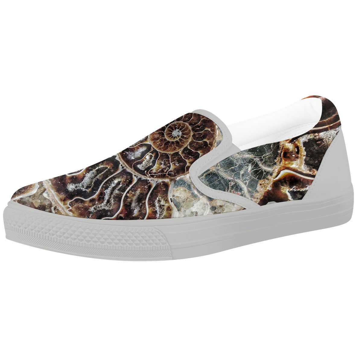 Fossil Ammonite Print White Slip On Shoes-grizzshop