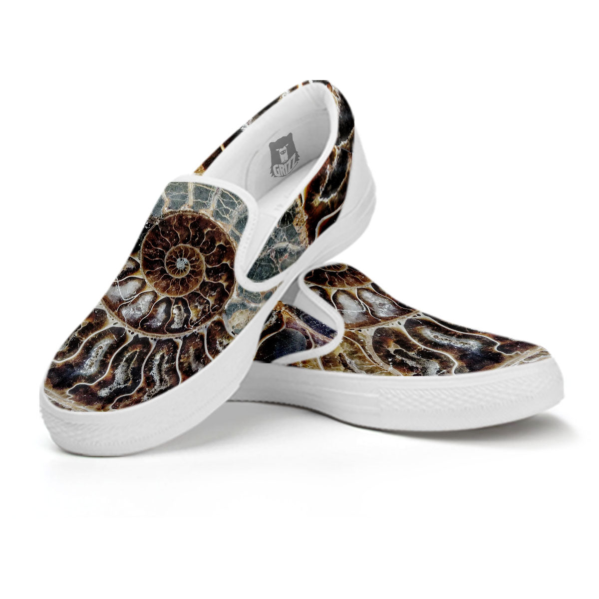 Fossil Ammonite Print White Slip On Shoes-grizzshop