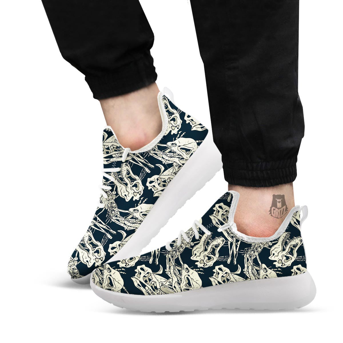 Fossil Dino And T Rex Print Pattern White Athletic Shoes-grizzshop