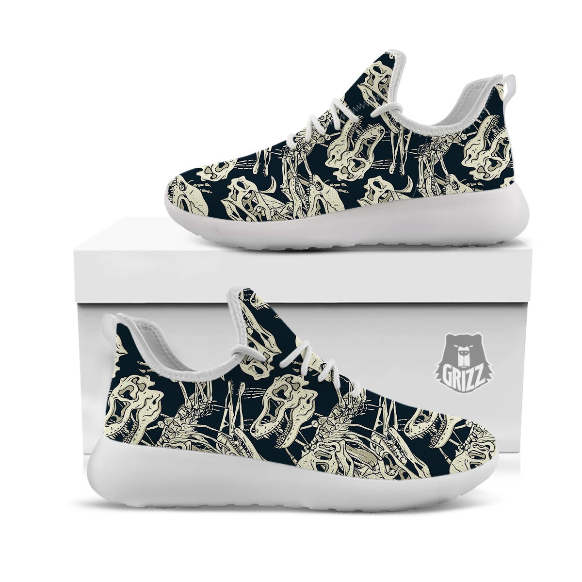 Fossil Dino And T Rex Print Pattern White Athletic Shoes-grizzshop