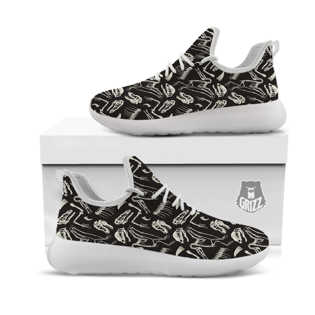 Fossil Dinosaur Monochrome Print Pattern White Athletic Shoes-grizzshop