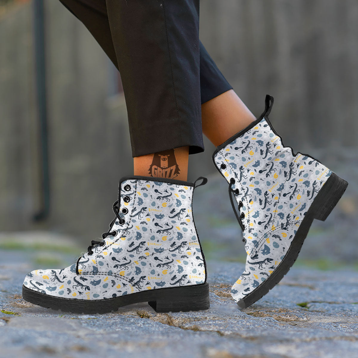 Fossil Dinosaur Print Pattern Leather Boots-grizzshop