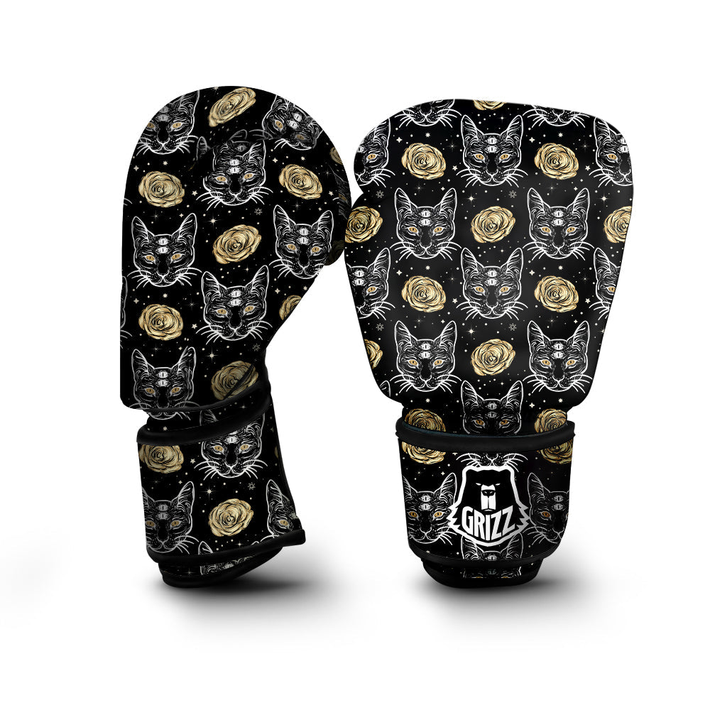 Four Eyed Cat And Roses Gold Print Pattern Boxing Gloves-grizzshop