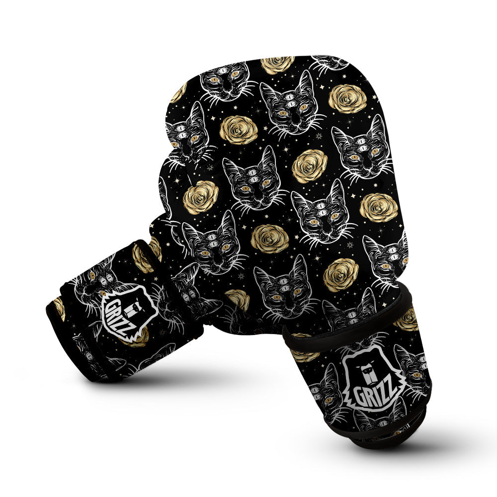 Four Eyed Cat And Roses Gold Print Pattern Boxing Gloves-grizzshop
