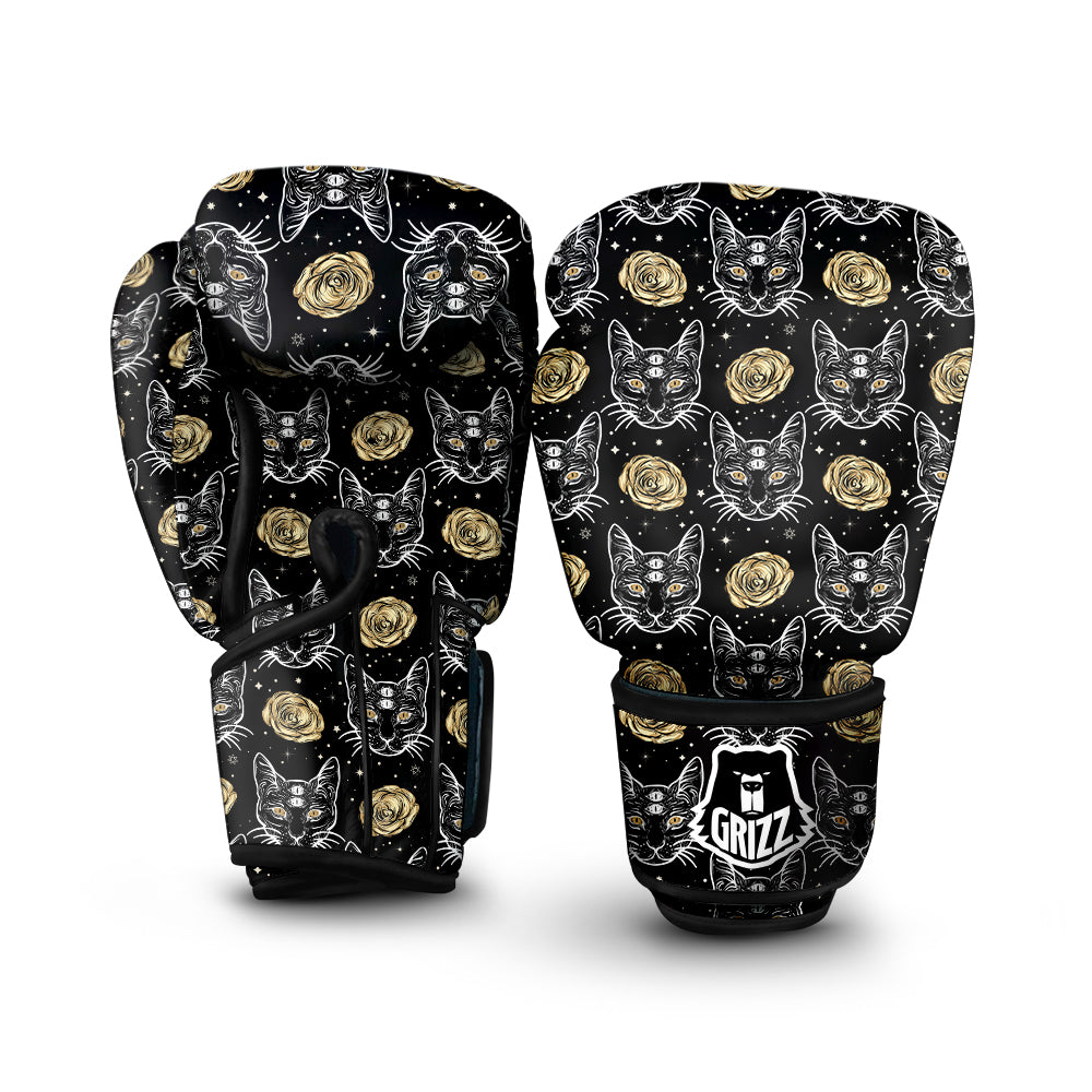 Four Eyed Cat And Roses Gold Print Pattern Boxing Gloves-grizzshop