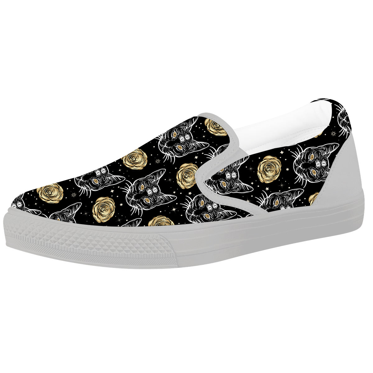 Four Eyed Cat And Roses Gold Print Pattern White Slip On Shoes-grizzshop