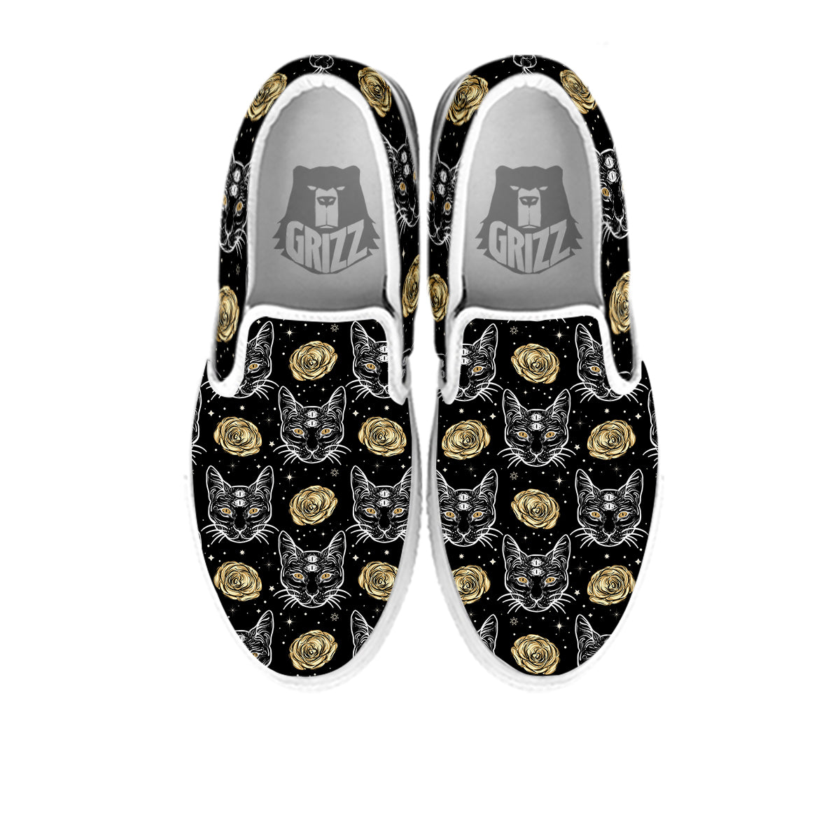 Four Eyed Cat And Roses Gold Print Pattern White Slip On Shoes-grizzshop
