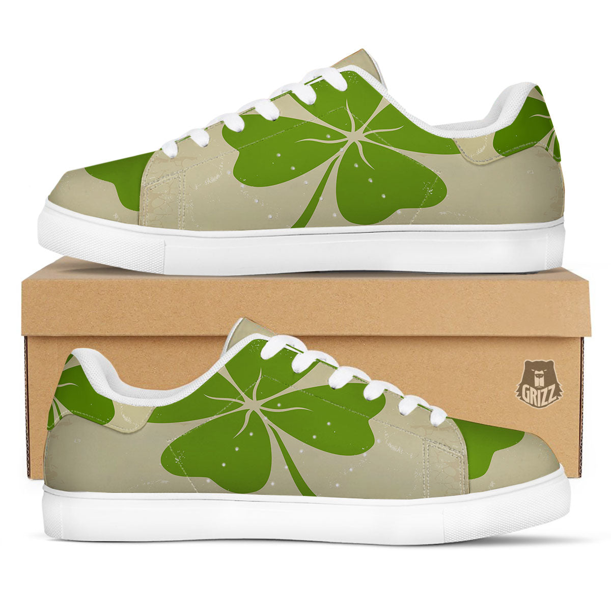 Four Leaf Clovers Irish Print White Low Top Sneakers-grizzshop