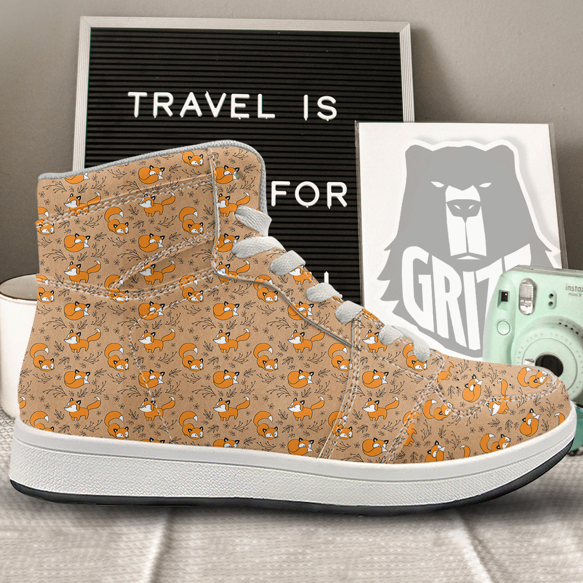 Fox Cartoon Print Pattern High Top Sneakers-grizzshop