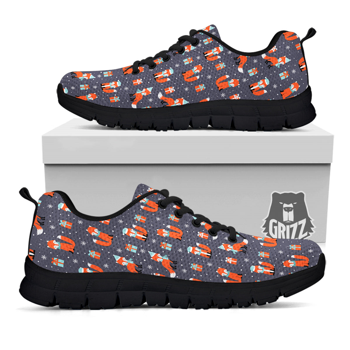 Fox Christmas Print Pattern Black Sneaker-grizzshop