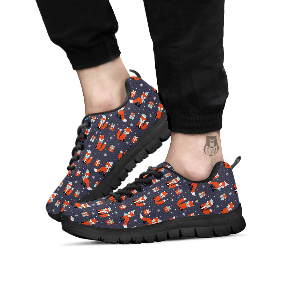Fox Christmas Print Pattern Black Sneaker-grizzshop