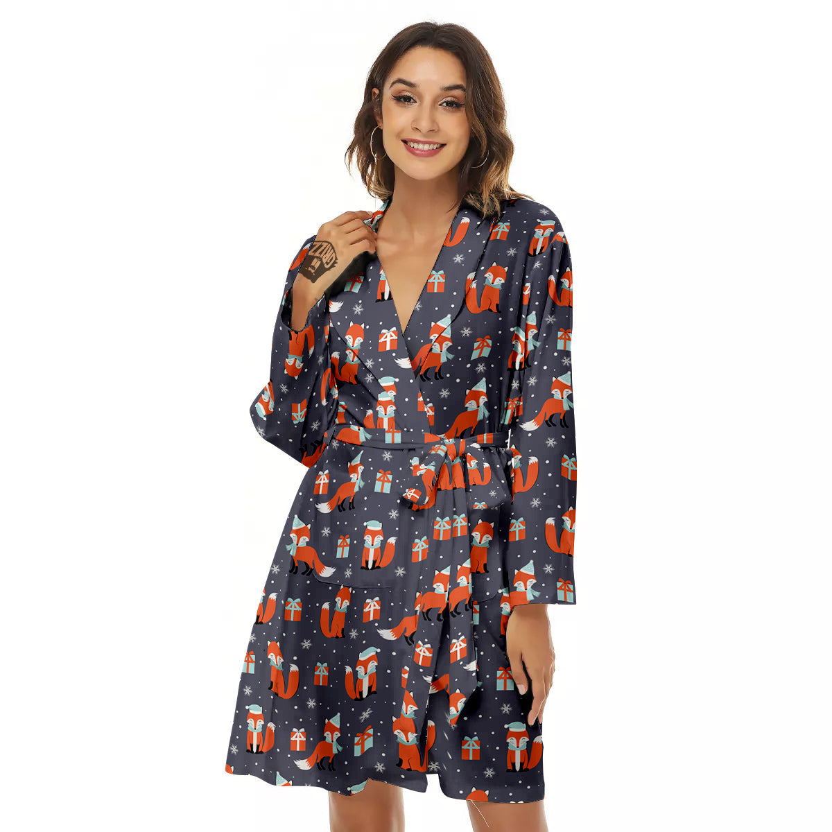 Fox Christmas Print Pattern Women's Robe-grizzshop