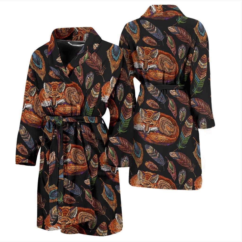 Fox Feather Pattern Print Men Long Robe-grizzshop