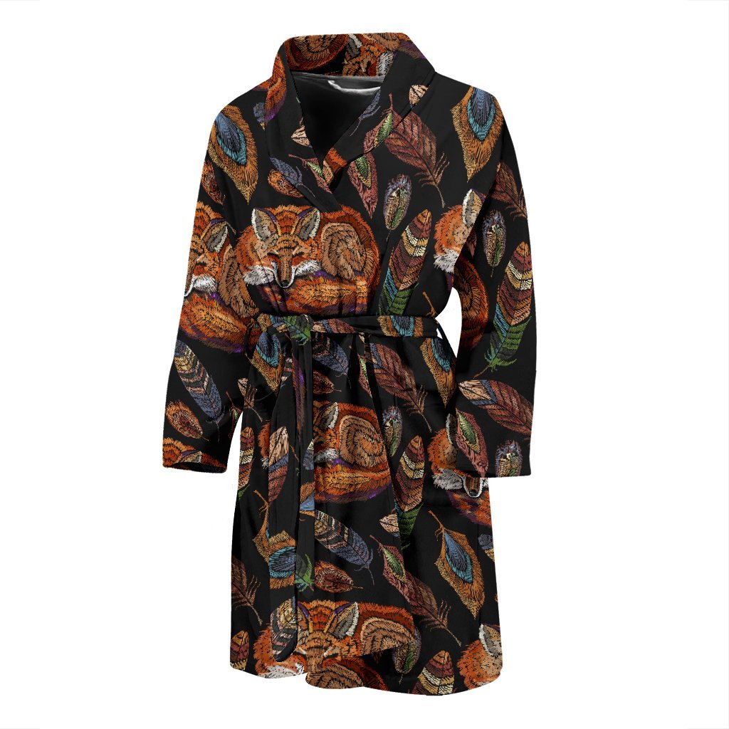 Fox Feather Pattern Print Men Long Robe-grizzshop