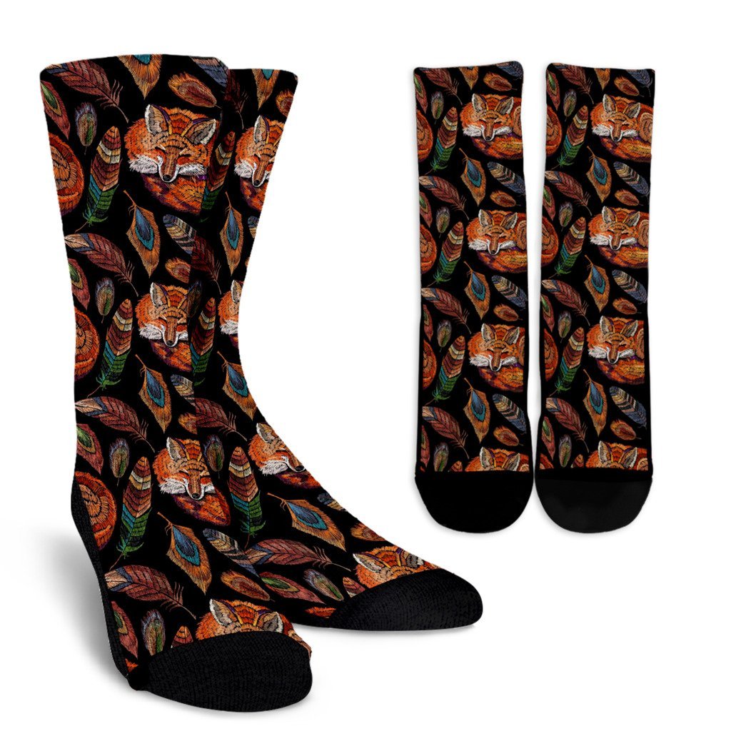 Fox Feather Pattern Print Unisex Crew Socks-grizzshop