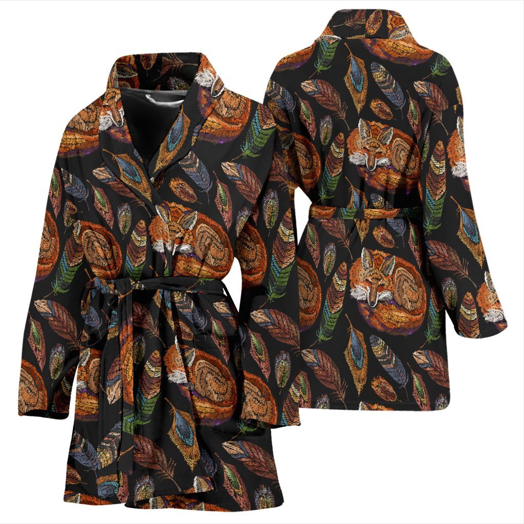 Fox Feather Pattern Print Women Long Robe-grizzshop