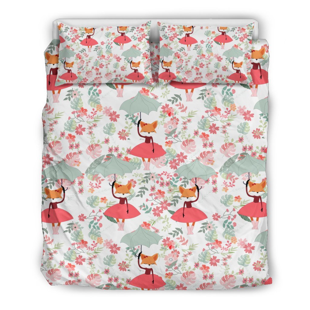 Fox Girl Flower Pattern Print Duvet Cover Bedding Set-grizzshop